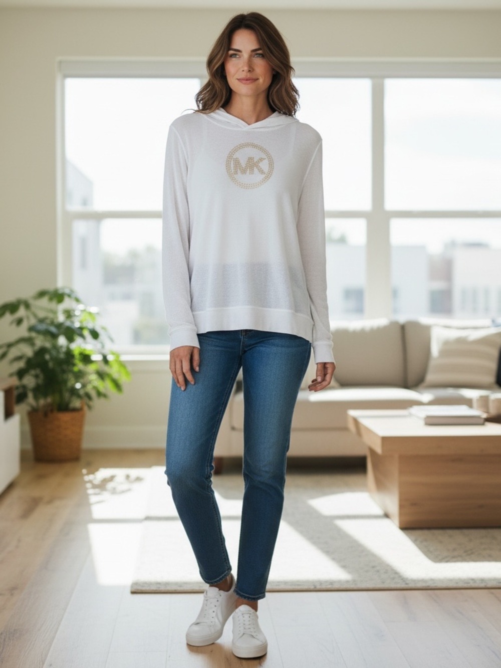 Michael Kors White Hooded Pullover with Gold MK Emblem